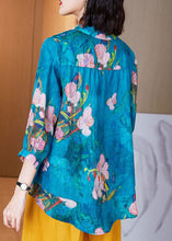 Load image into Gallery viewer, Plus Size Blue Peter Pan Collar Button Print Linen Shirts Tops Bracelet Sleeve