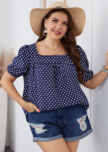 Plus Size Blue Square Collar Dot Patchwork Chiffon Top Short Sleeve