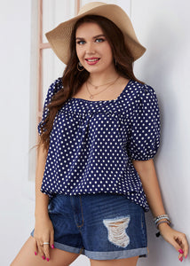 Plus Size Blue Square Collar Dot Patchwork Chiffon Top Short Sleeve