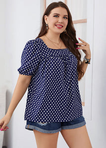 Plus Size Blue Square Collar Dot Patchwork Chiffon Top Short Sleeve