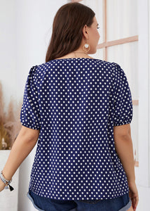 Plus Size Blue Square Collar Dot Patchwork Chiffon Top Short Sleeve