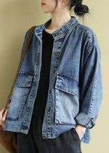 Load image into Gallery viewer, Plus Size Blue Stand Collar Patchwork Button Denim Coats Long Sleeve