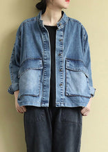 Load image into Gallery viewer, Plus Size Blue Stand Collar Patchwork Button Denim Coats Long Sleeve