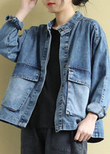 Load image into Gallery viewer, Plus Size Blue Stand Collar Patchwork Button Denim Coats Long Sleeve