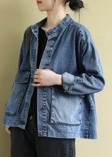 Load image into Gallery viewer, Plus Size Blue Stand Collar Patchwork Button Denim Coats Long Sleeve