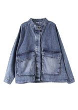 Load image into Gallery viewer, Plus Size Blue Stand Collar Patchwork Button Denim Coats Long Sleeve