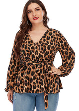 Load image into Gallery viewer, Plus Size Brown Leopard V Neck Print Top Long Sleeve