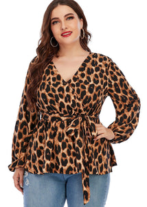 Plus Size Brown Leopard V Neck Print Top Long Sleeve
