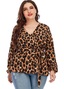 Plus Size Brown Leopard V Neck Print Top Long Sleeve