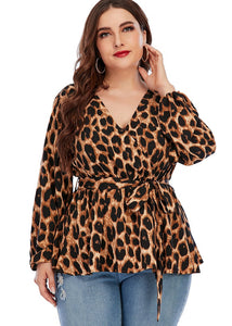 Plus Size Brown Leopard V Neck Print Top Long Sleeve