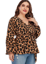Load image into Gallery viewer, Plus Size Brown Leopard V Neck Print Top Long Sleeve