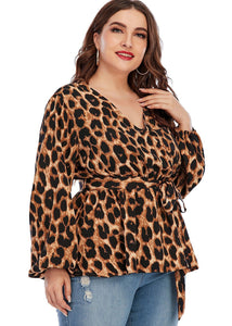 Plus Size Brown Leopard V Neck Print Top Long Sleeve