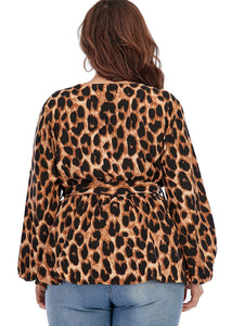 Plus Size Brown Leopard V Neck Print Top Long Sleeve
