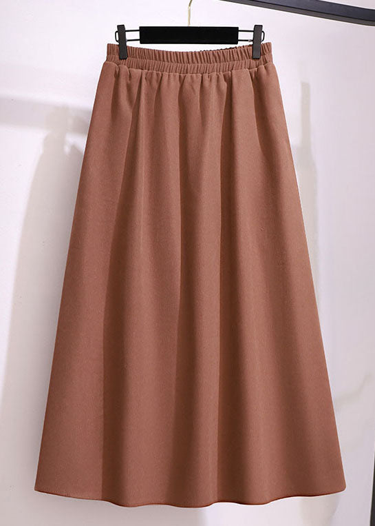 Plus Size Brown Wrinkled Elastic Waist Patchwork Cotton Skirts Fall