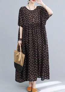 Plus Size Coffee O Neck Print Wrinkled Patchwork Cotton Long Dresses Summer