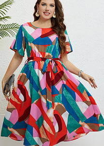 Plus Size Colorblock Print Tie Waist Patchwork Chiffon Dresses Summer