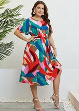 Load image into Gallery viewer, Plus Size Colorblock Print Tie Waist Patchwork Chiffon Dresses Summer