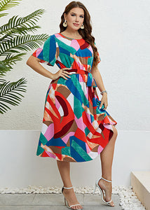 Plus Size Colorblock Print Tie Waist Patchwork Chiffon Dresses Summer