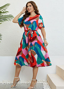 Plus Size Colorblock Print Tie Waist Patchwork Chiffon Dresses Summer