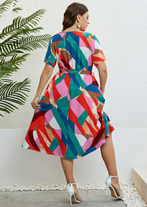 Plus Size Colorblock Print Tie Waist Patchwork Chiffon Dresses Summer