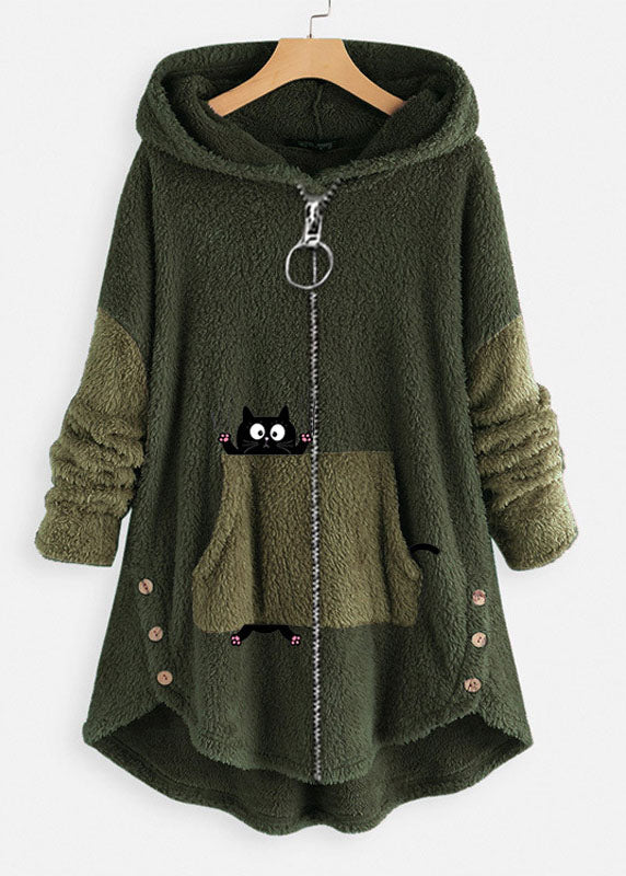 Plus Size Green Hooded Print Pockets Patchwork Teddy Faux Fur Coats Fall