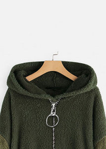 Plus Size Green Hooded Print Pockets Patchwork Teddy Faux Fur Coats Fall