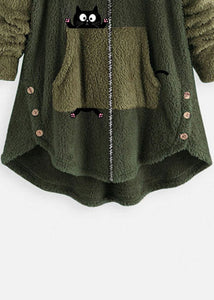 Plus Size Green Hooded Print Pockets Patchwork Teddy Faux Fur Coats Fall