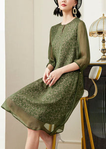 Plus Size Green O-Neck Print Chiffon A Line Dress Half Sleeve