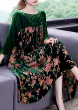 Load image into Gallery viewer, Plus Size Green Patchwork Print Velour Dresses Winter