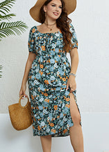 Load image into Gallery viewer, Plus Size Green Print Asymmetrical Side Open Patchwork Chiffon Dress Summer