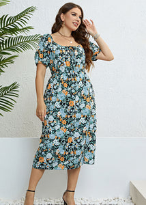 Plus Size Green Print Asymmetrical Side Open Patchwork Chiffon Dress Summer