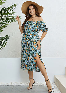 Plus Size Green Print Asymmetrical Side Open Patchwork Chiffon Dress Summer