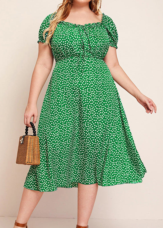 Plus Size Green Square Collar Dot Print Chiffon Maxi Dresses Summer