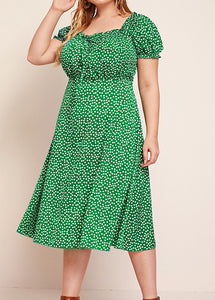 Plus Size Green Square Collar Dot Print Chiffon Maxi Dresses Summer