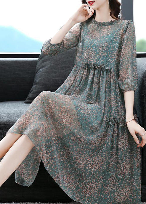 Plus Size Green Stand Collar Ruffled Print Draping Chiffon Dress Bracelet Sleeve