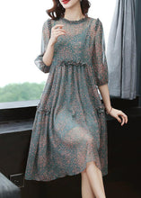 Load image into Gallery viewer, Plus Size Green Stand Collar Ruffled Print Draping Chiffon Dress Bracelet Sleeve