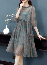 Load image into Gallery viewer, Plus Size Green Stand Collar Ruffled Print Draping Chiffon Dress Bracelet Sleeve