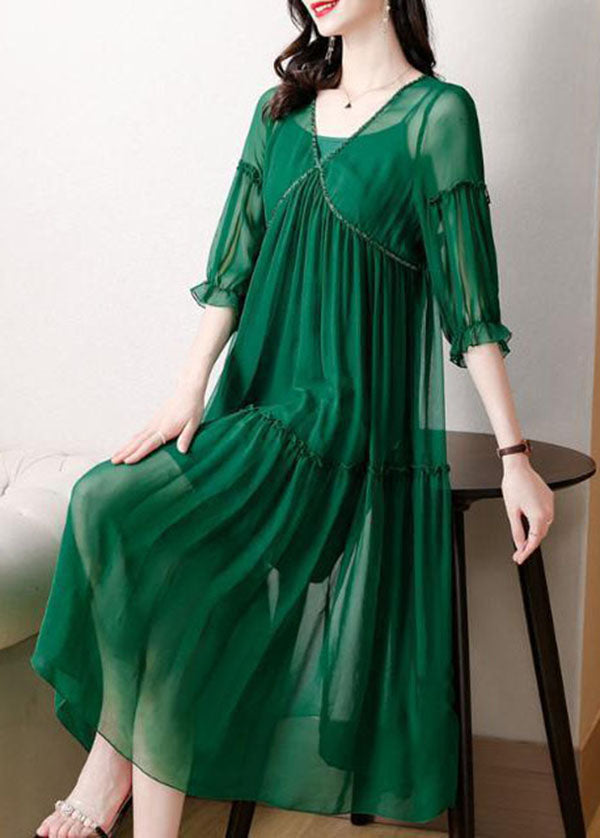 Plus Size Green V Neck Ruffled Chiffon Party Dress Bracelet Sleeve