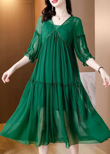 Plus Size Green V Neck Ruffled Chiffon Party Dress Bracelet Sleeve