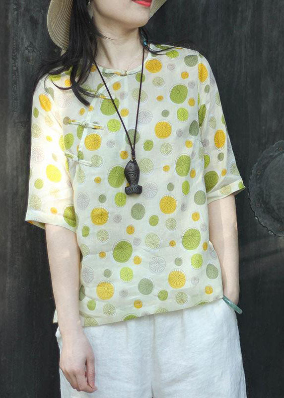 Plus Size Green button O-Neck dot print Tops Half Sleeve