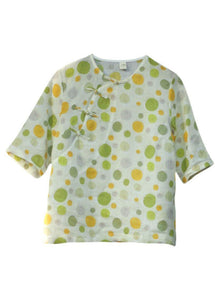 Plus Size Green button O-Neck dot print Tops Half Sleeve