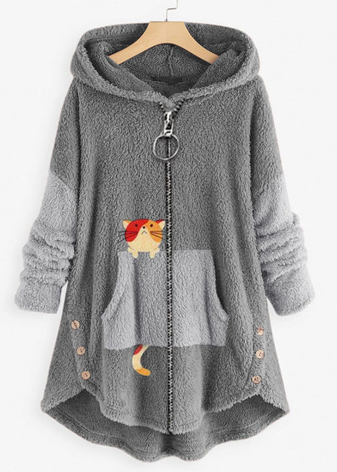 Plus Size Grey Hooded Print Zippered Patchwork Teddy Faux Fur Coat Fall