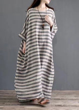 Load image into Gallery viewer, Plus Size Grey O Neck Striped Pockets Patchwork Cotton Long Dresses Spring