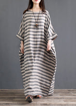 Load image into Gallery viewer, Plus Size Grey O Neck Striped Pockets Patchwork Cotton Long Dresses Spring