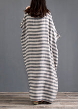 Load image into Gallery viewer, Plus Size Grey O Neck Striped Pockets Patchwork Cotton Long Dresses Spring