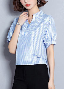 Plus Size Light Blue Plaid Button Chiffon Shirt Top Summer