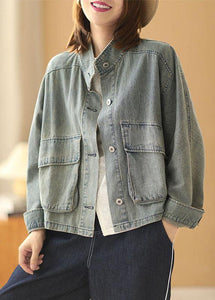 Plus Size Light Blue Pockets Button Fall Denim Long Sleeve Coat