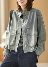 Load image into Gallery viewer, Plus Size Light Blue Pockets Button Fall Denim Long Sleeve Coat