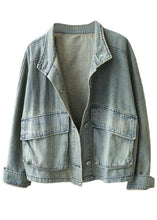 Load image into Gallery viewer, Plus Size Light Blue Pockets Button Fall Denim Long Sleeve Coat