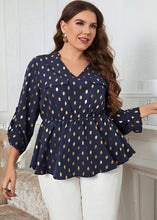Load image into Gallery viewer, Plus Size Navy Blue V Neck Print Patchwork Chiffon Top Fall
